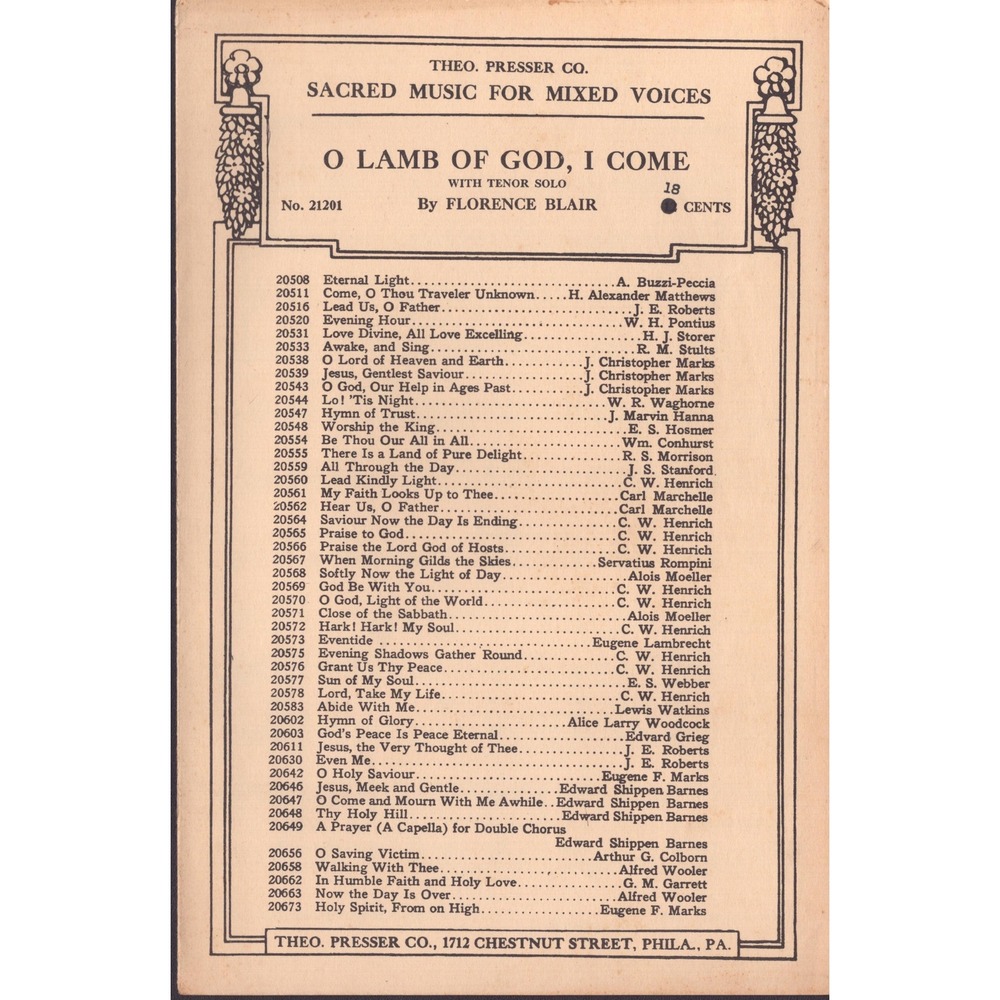 Vintage 1935 O Lamb of God I Come Sheet Music Florence Blair Theo Presser 21201 - Picture 1 of 3